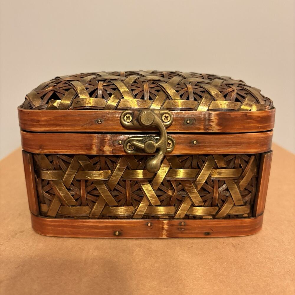 Handwoven Bamboo Keepsake Storage Box with Metallic Ribbon Weave & Latch Vintage